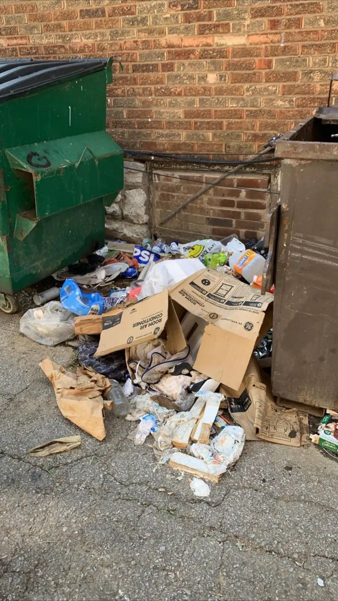 Overflowing trash and cardboard beside dumpsters